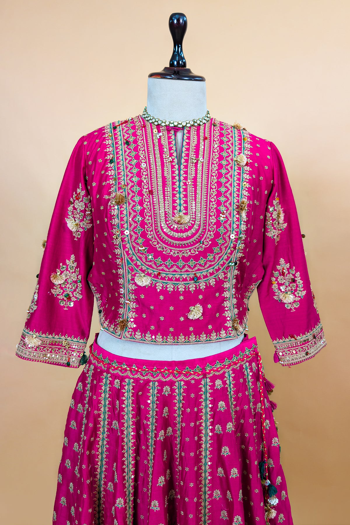 Rani Pink Silk Sequin Embroidered Lehenga Set with matching sheer organza dupatta