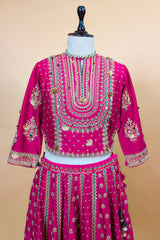Rani Pink Silk Sequin Embroidered Lehenga Set with matching sheer organza dupatta