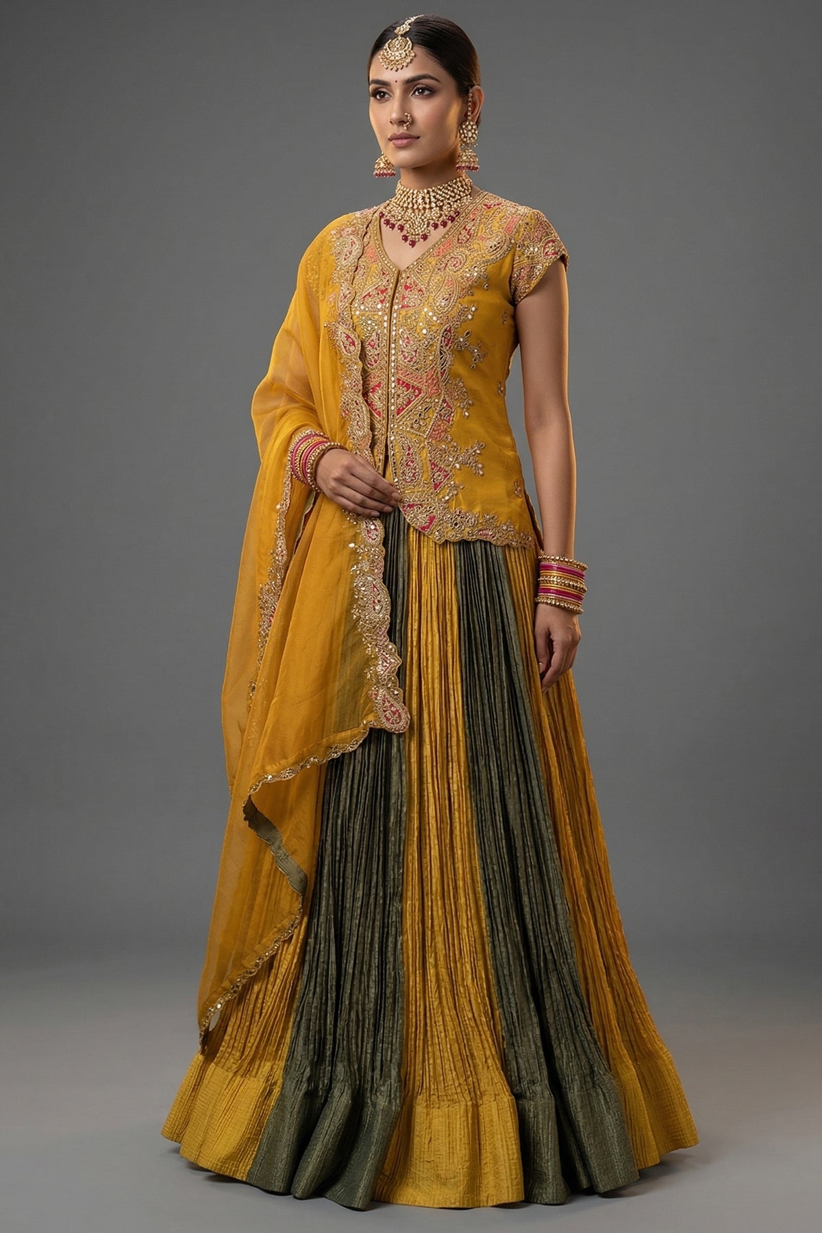 Multi Colored Chinon Shimmer Lehenga - Front View
