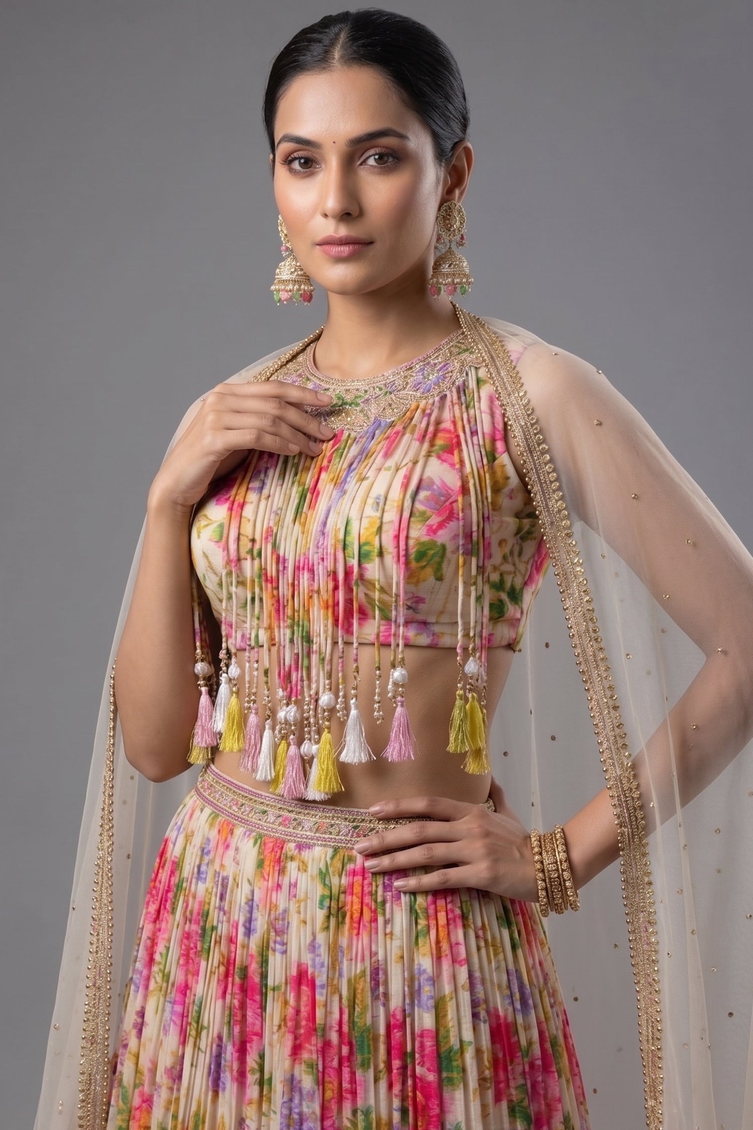 Ivory White Chinon Printed Jewel Neck Lehenga Set Secondary image