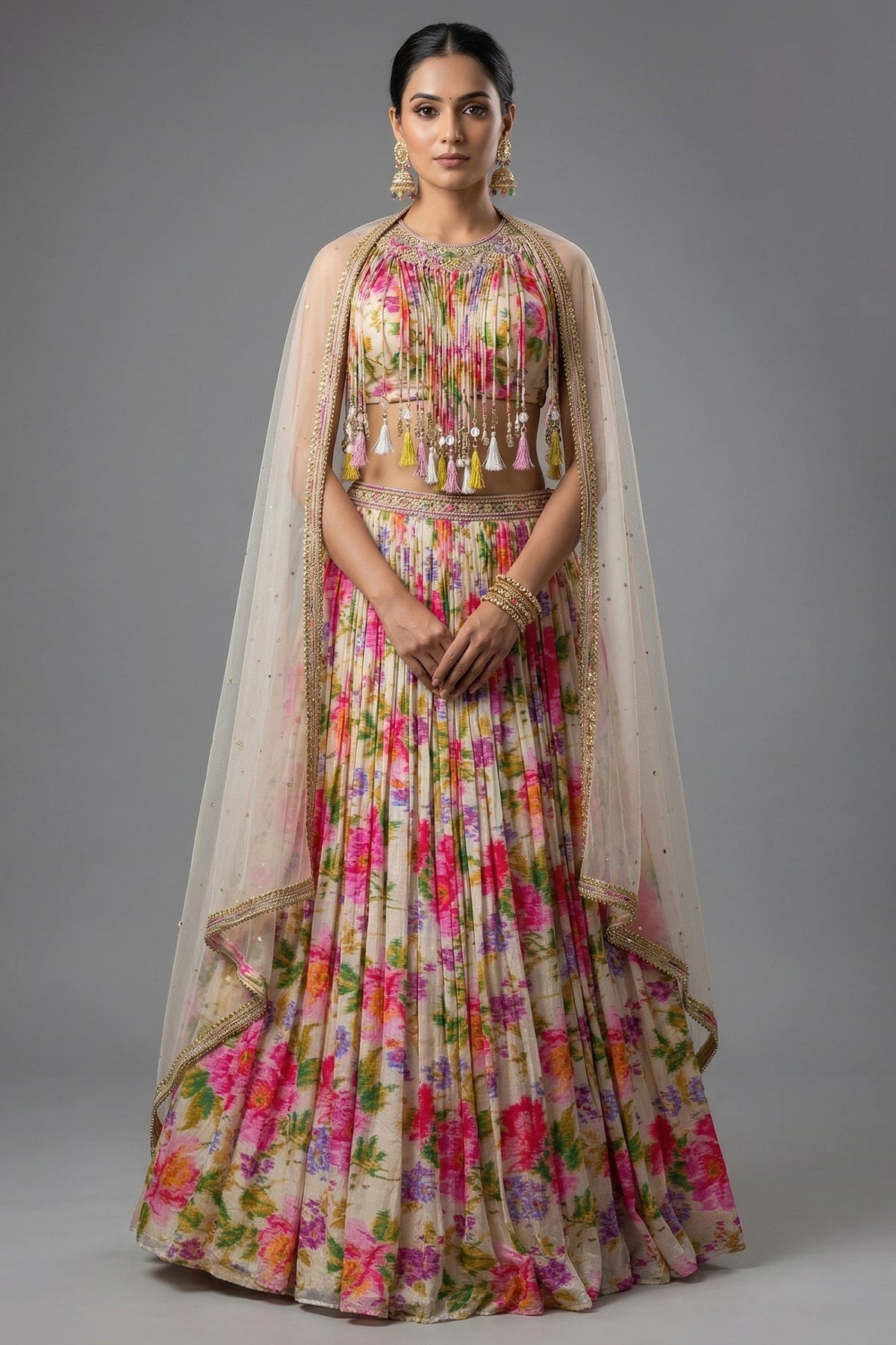 Ivory White Chinon Lehenga - Front View