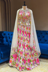Vibrant floral digital print details on the skirt of the Ivory White Chinon Lehenga