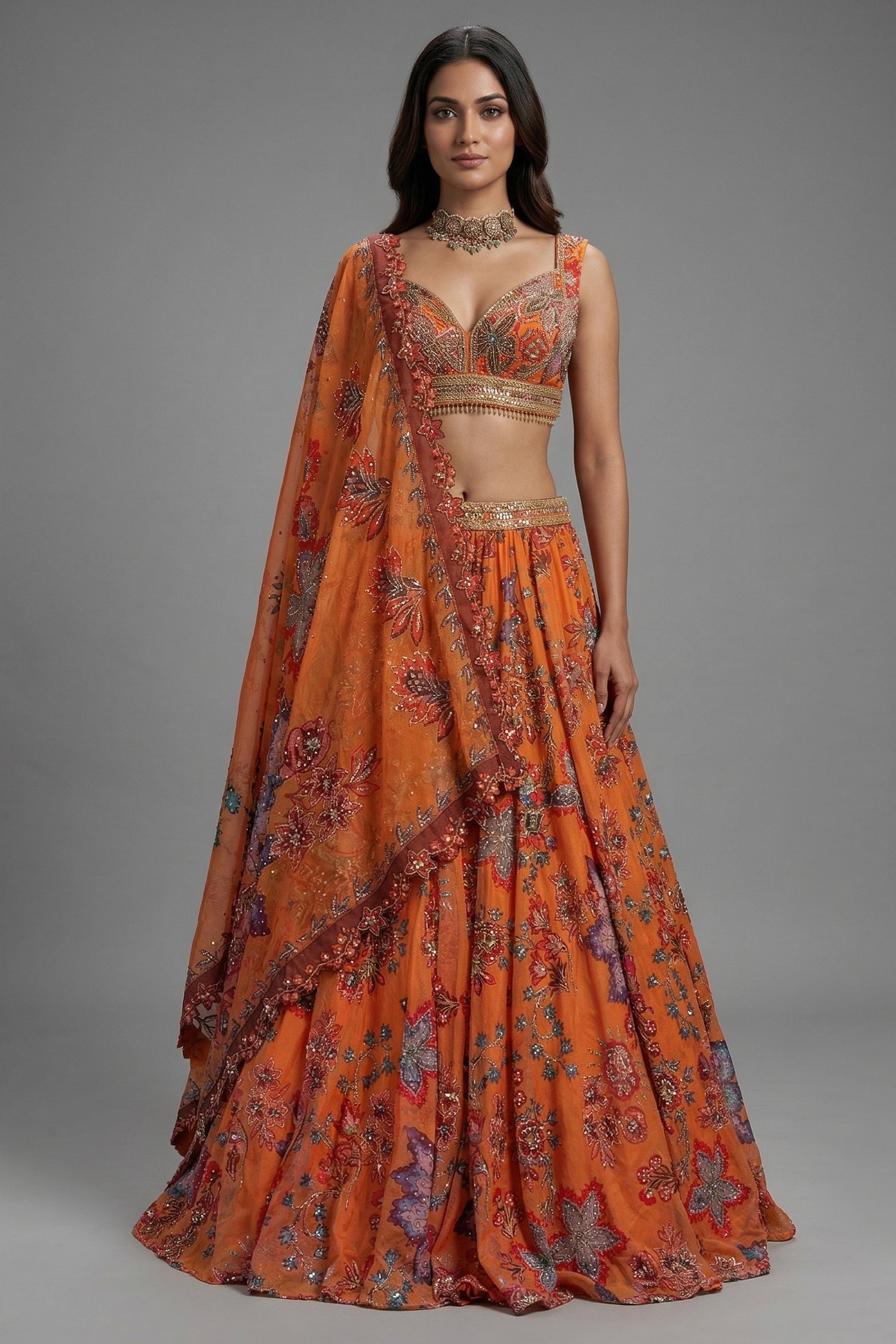 Orange Organza Floral Printed Lehenga Set front view bridal sangeet wear Main image