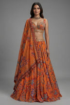 Orange Organza Floral Printed Lehenga Set front view bridal sangeet wear