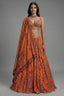 Orange Organza Floral Printed Lehenga Set front view bridal sangeet wear