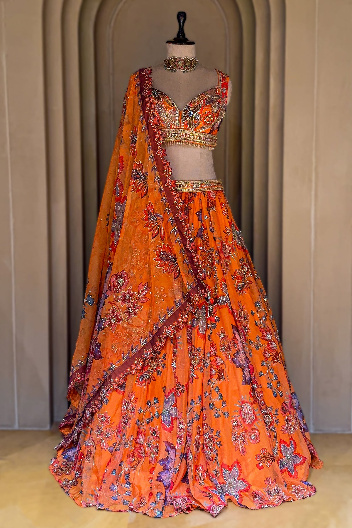 Full length silhouette of Orange Organza Floral Printed Lehenga with dupatta