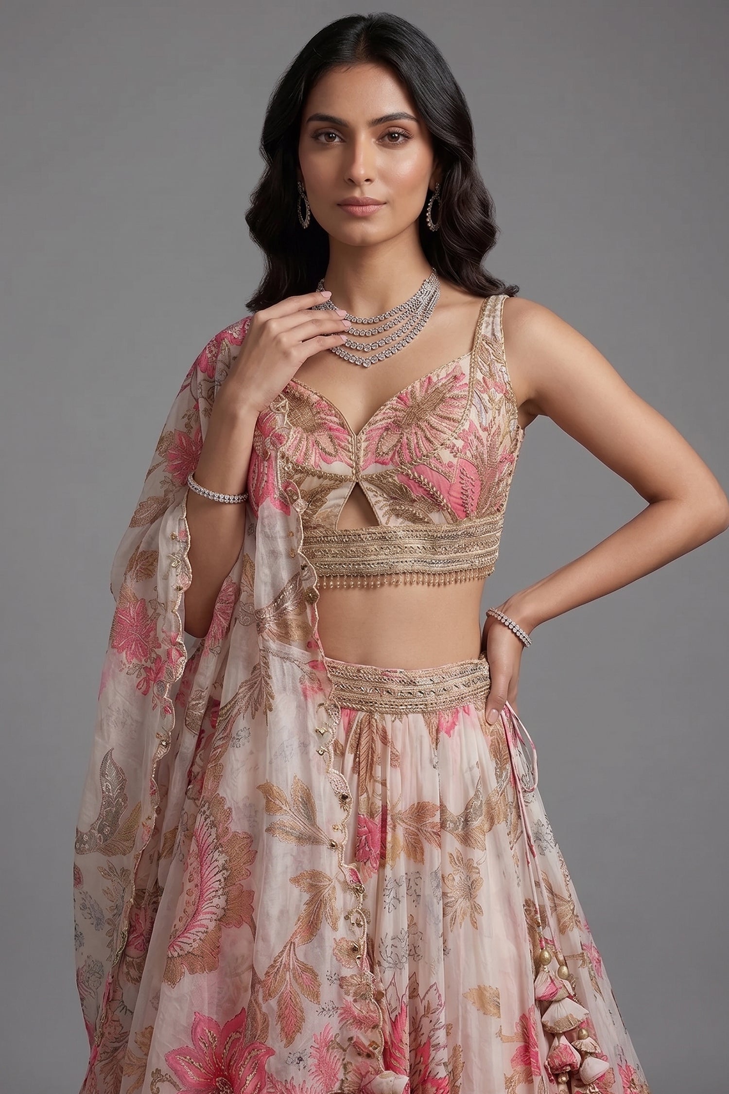 Ivory Organza Floral Printed Sequin and Cutdana Worked Lehenga Secondary image