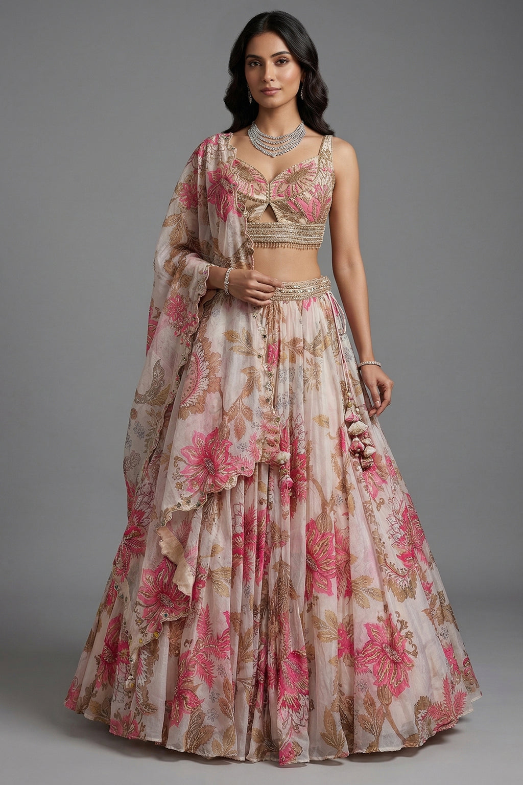 Ivory Organza Floral Printed Lehenga front view bridal wedding fashion
