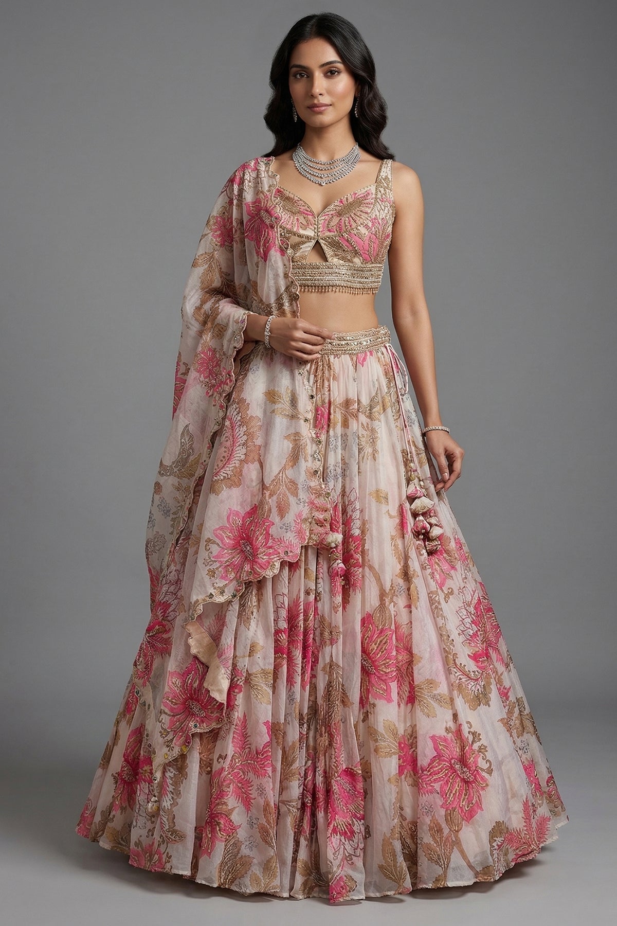 Ivory Organza Floral Printed Lehenga front view bridal wedding fashion
