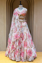 Close up of gold sequins and cutdana beadwork on Ivory Organza Lehenga