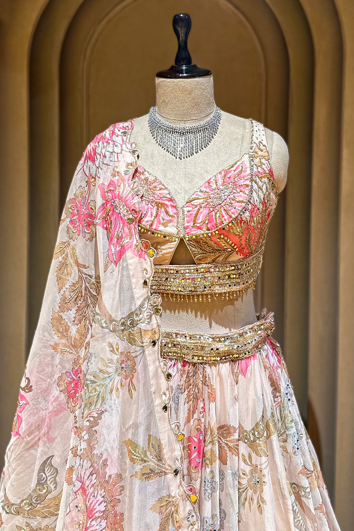 Full length silhouette of Ivory Organza Floral Printed Lehenga with dupatta
