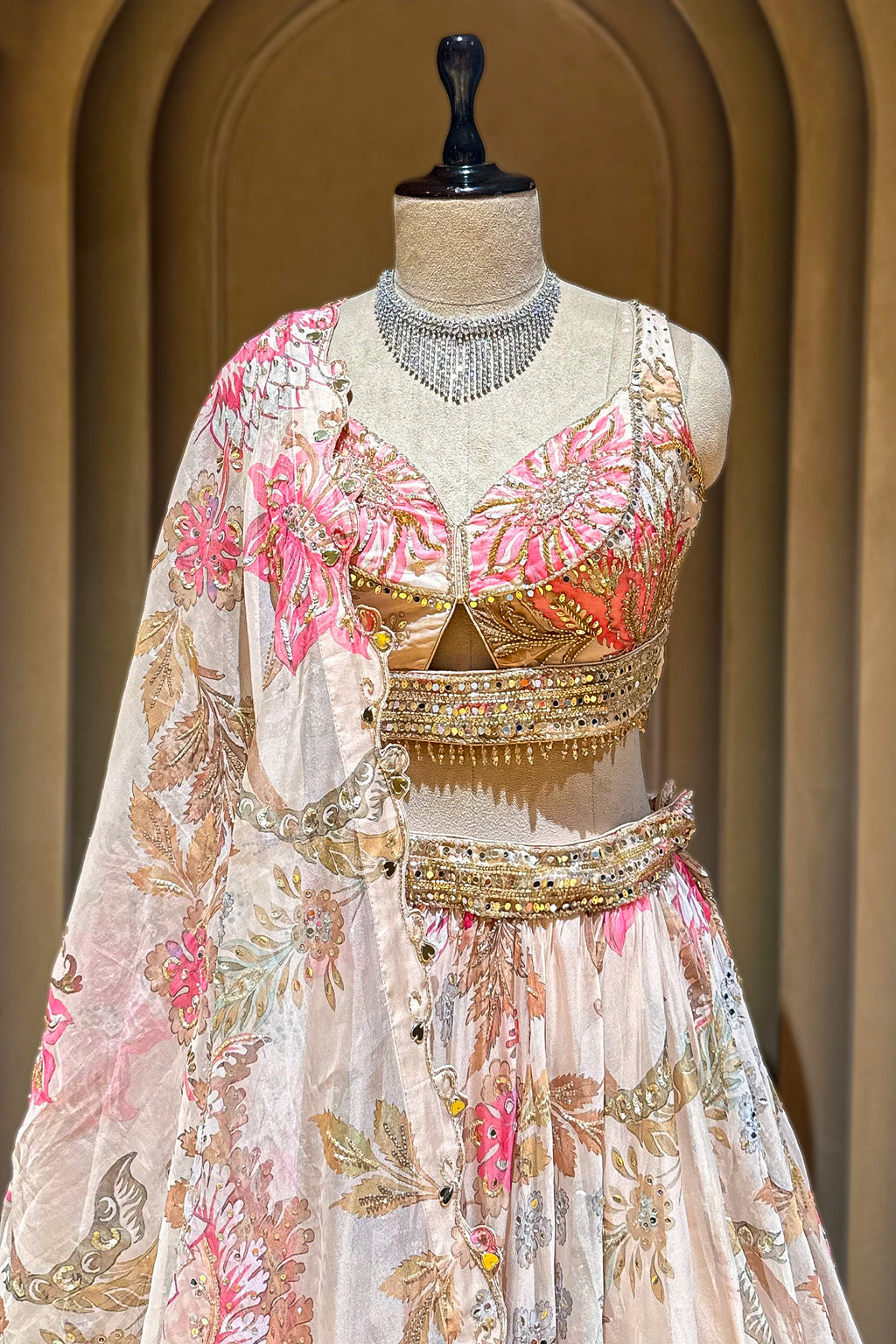 Full length silhouette of Ivory Organza Floral Printed Lehenga with dupatta