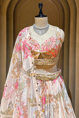 Full length silhouette of Ivory Organza Floral Printed Lehenga with dupatta