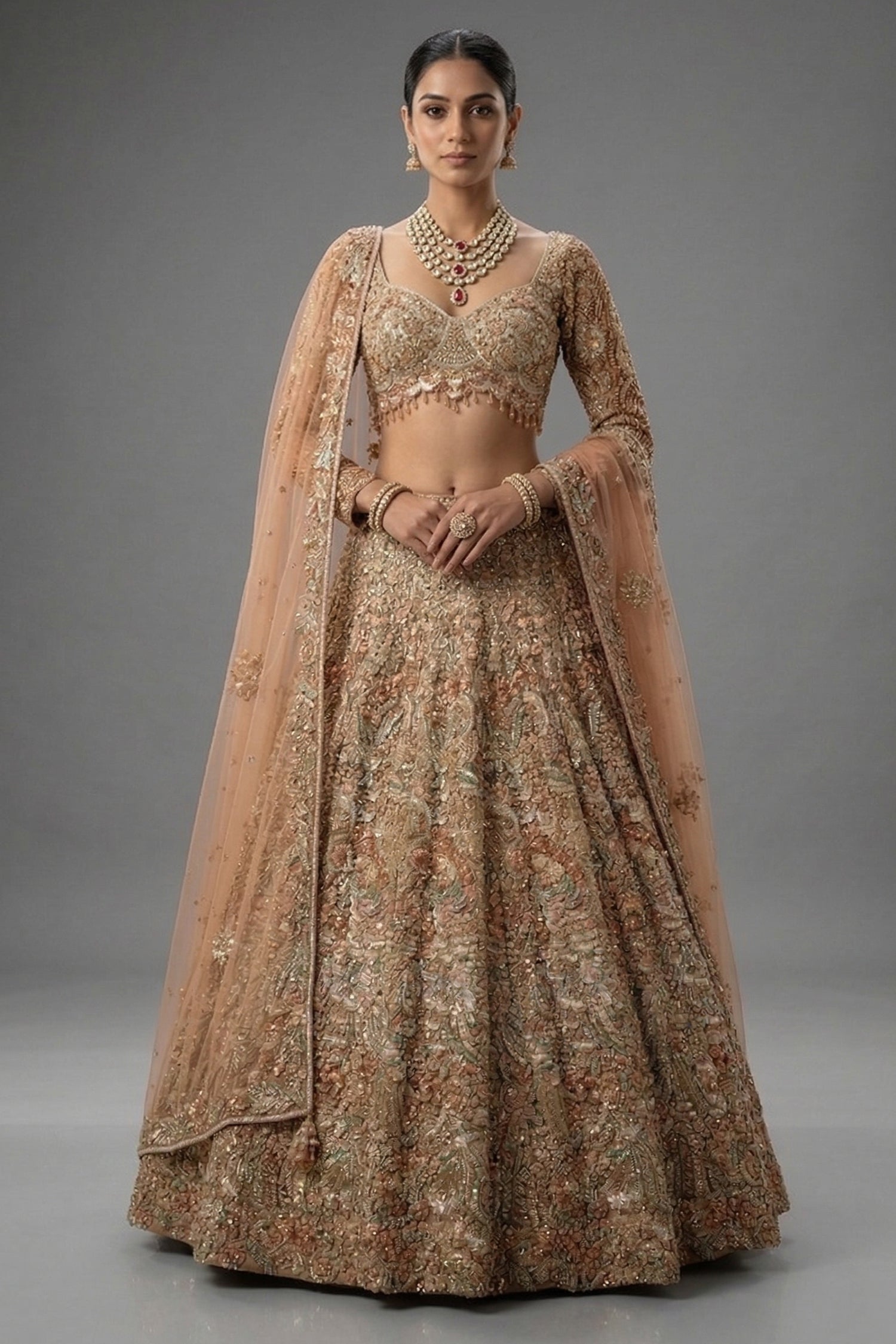 Champagne Beige Net Lehenga - Front View Main image