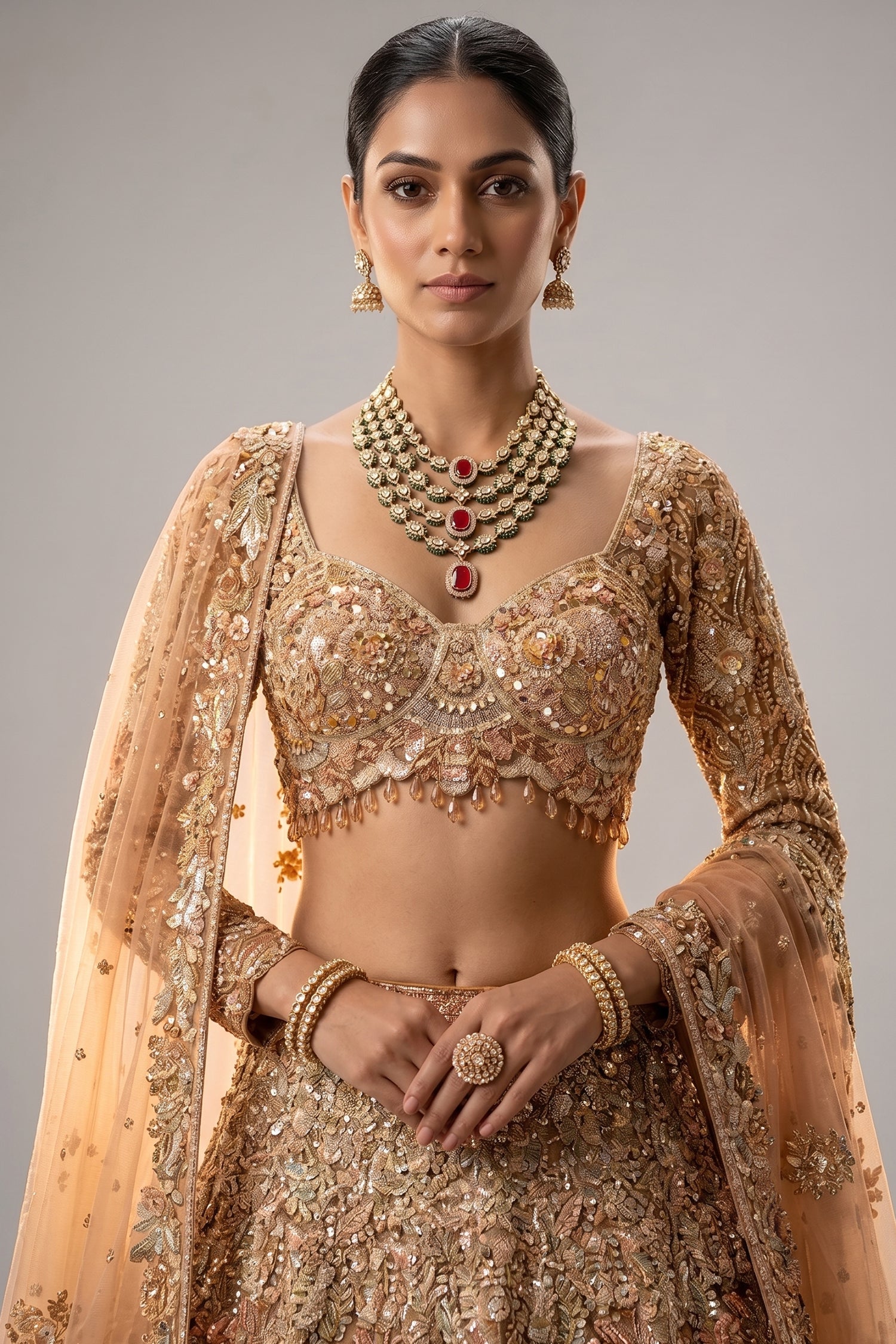 Champagne Beige Net Embellished Designer Lehenga Secondary image