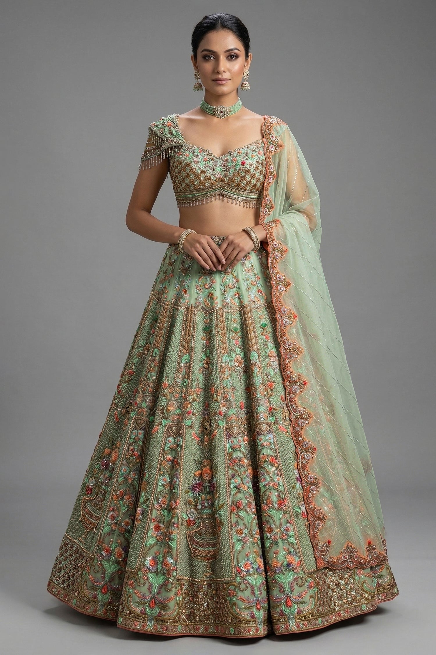 Green Organza Designer Handworked Lehenga - Front View Main image