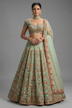 Green Organza Designer Handworked Lehenga - Front View