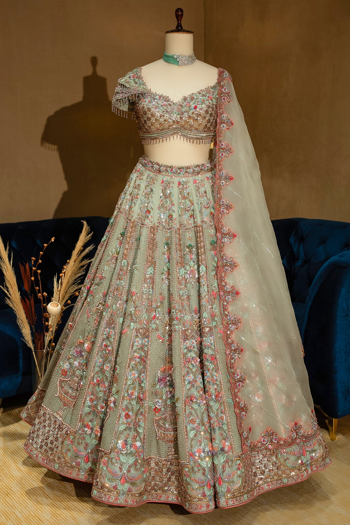 Green Organza Designer Handworked Lehenga with sheer sleeves and coordinated dupatta