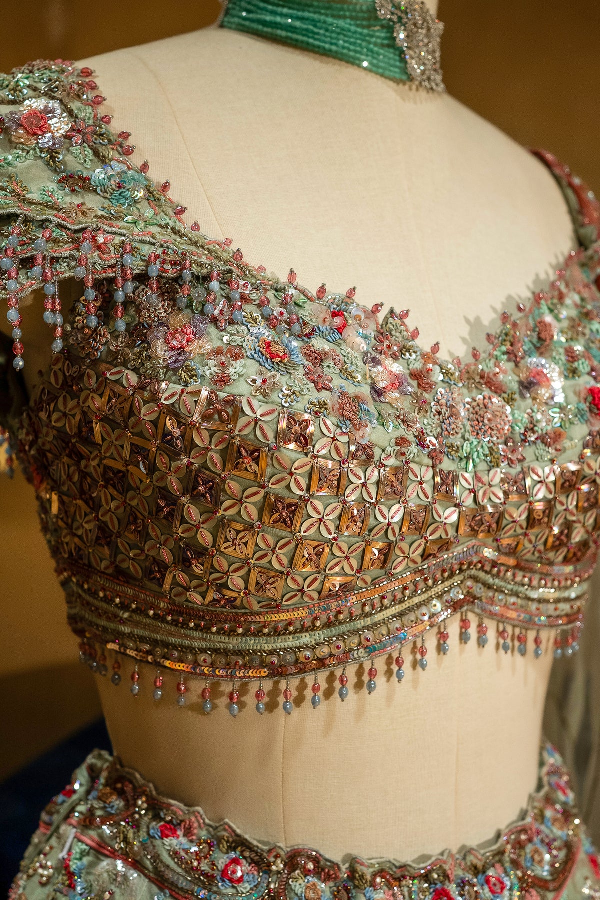 Green Organza Designer Handworked Lehenga for majestic wedding receptions