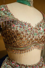 Green Organza Designer Handworked Lehenga for majestic wedding receptions