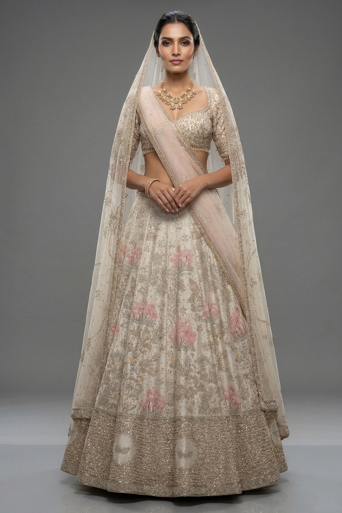 Off White Silk Flamingo Lehenga - Front View