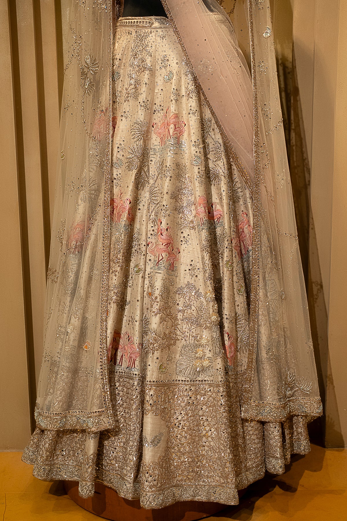 Off White Silk Flamingo Lehenga featuring delicate dori work