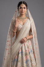 Ivory White Shimmer Organza Handworked Lehenga with Double Dupatta