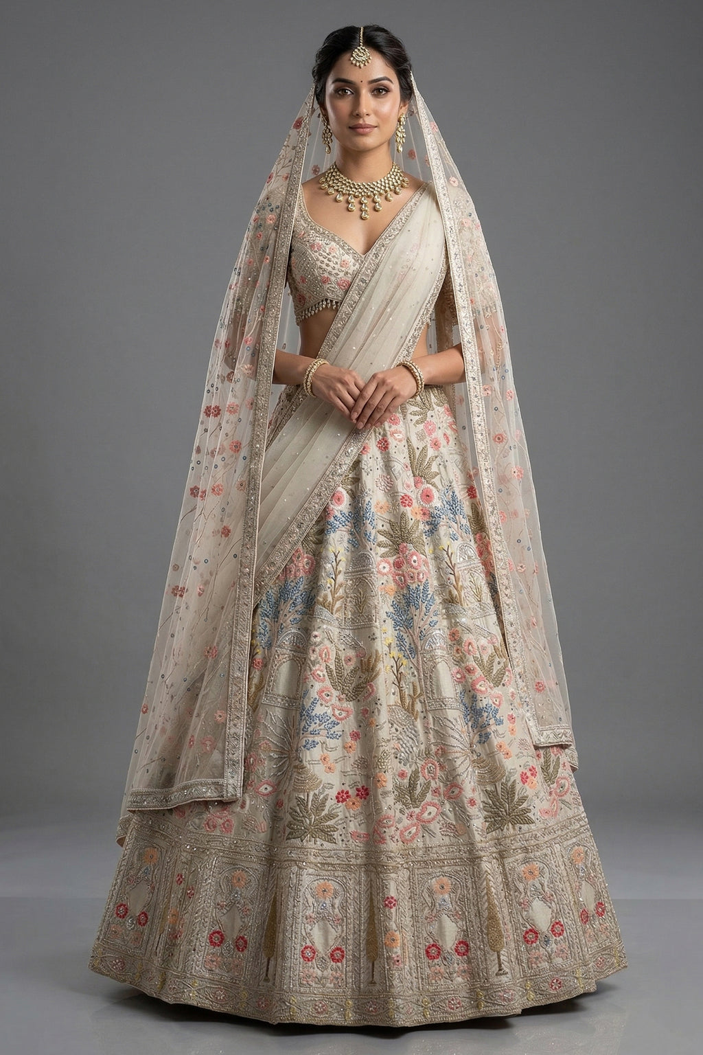 Ivory White Organza Lehenga - Front View