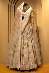 Close-up of handworked shimmer details on the Ivory White Organza Lehenga