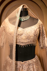 Hand-placed mirror accents on the Champagne Brown Silk Lehenga