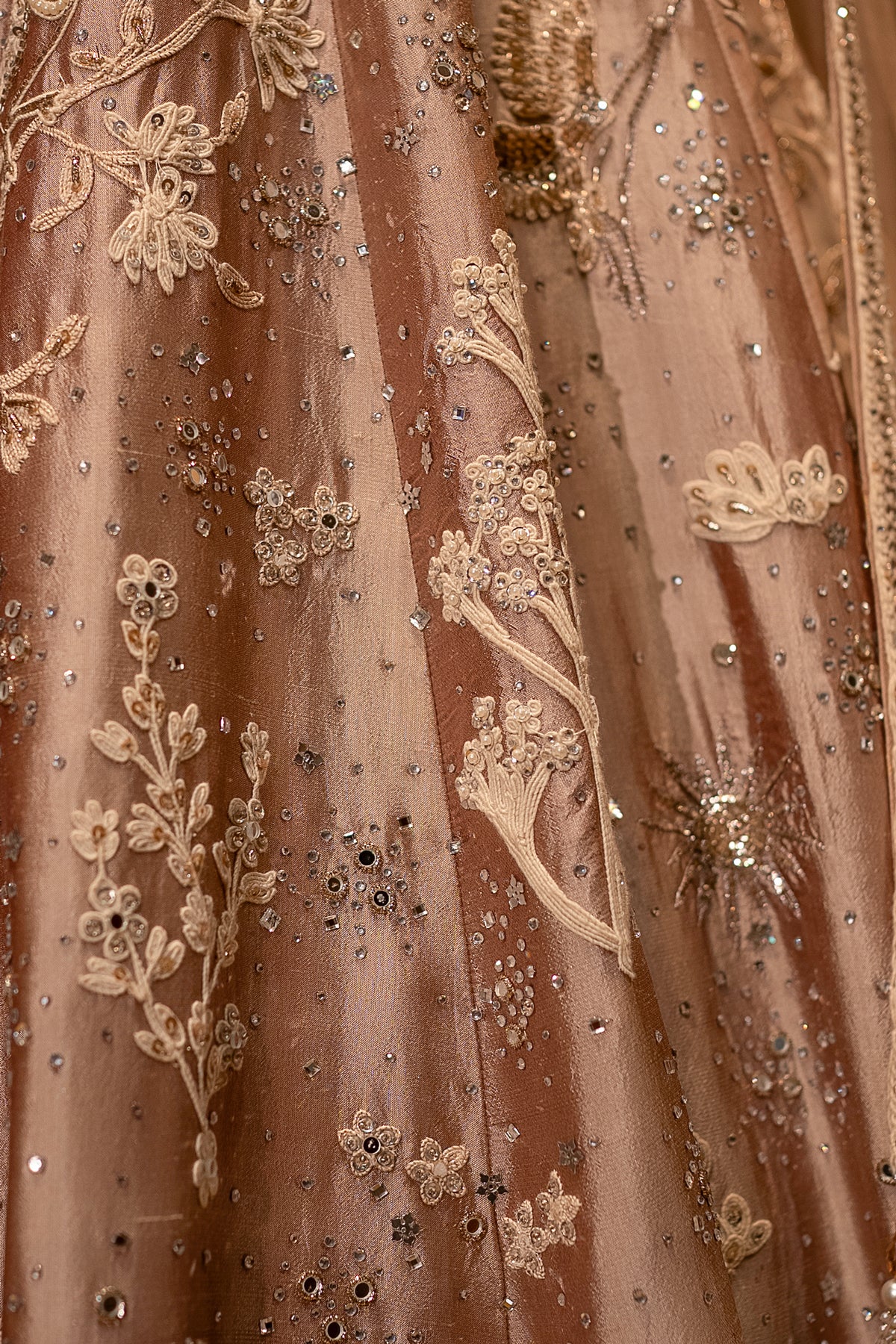 Designer Champagne Brown Silk Lehenga for evening celebrations