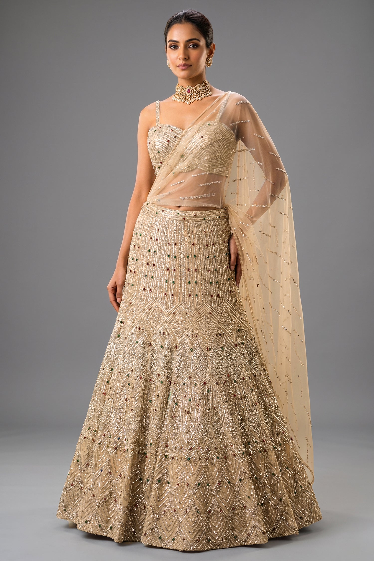 Champagne Gold Net Mermaid Lehenga - Front View