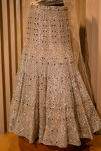 Champagne Gold Net Mermaid Lehenga with Attached Cape-Style Dupatta & Intricate Cutdana Work - gold net saree