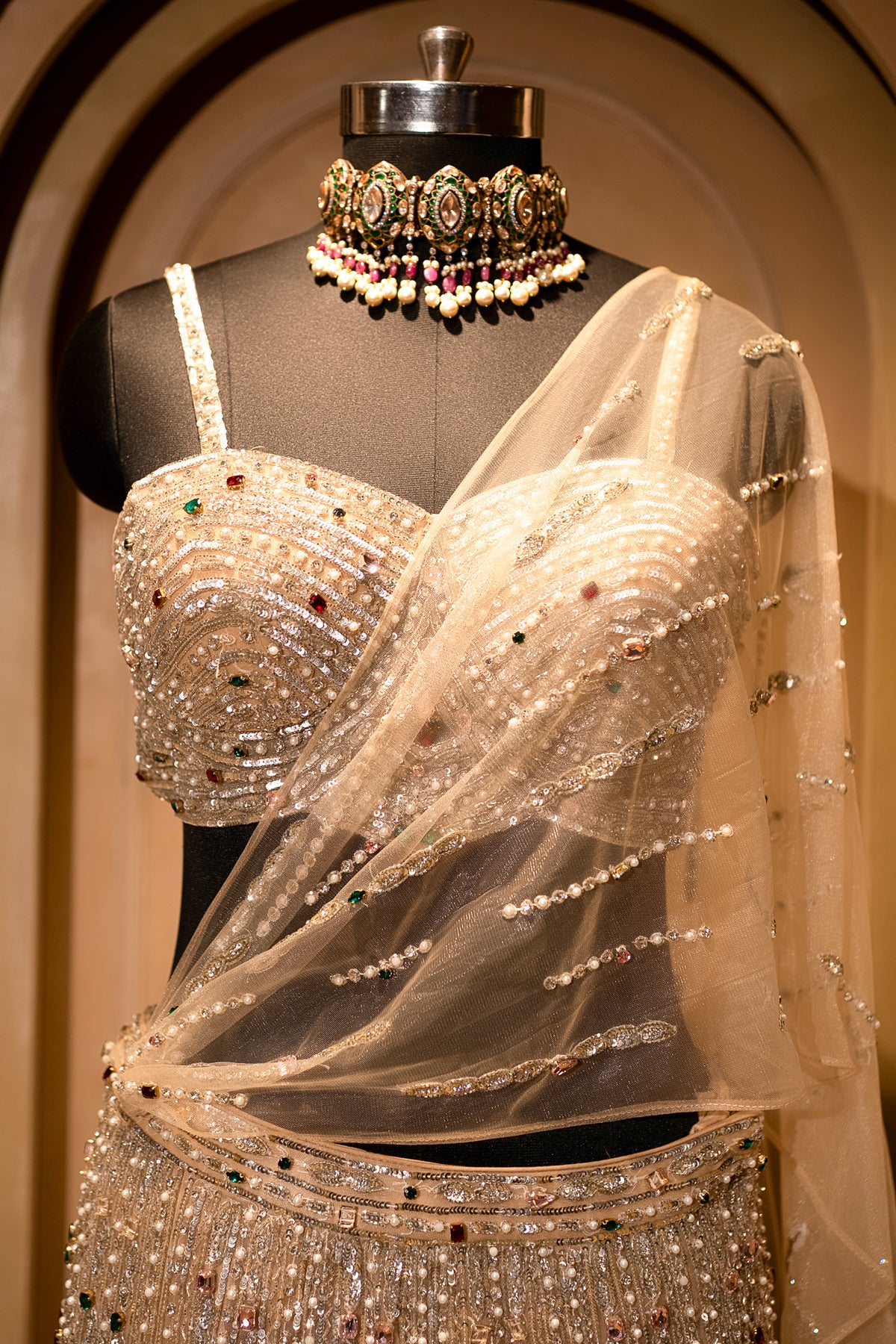 Designer Champagne Gold Net Mermaid Lehenga for wedding receptions