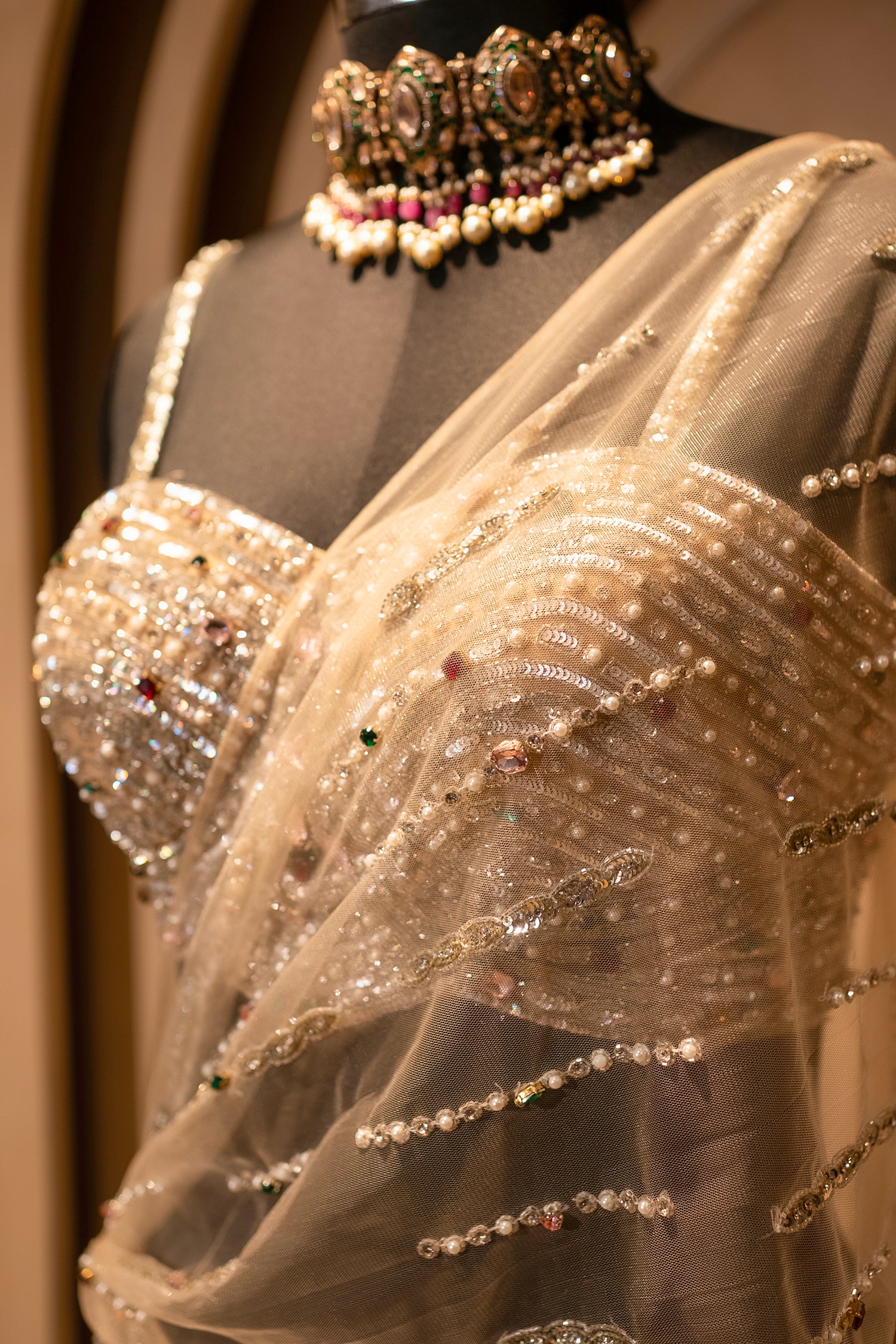 Champagne Gold Net Mermaid Lehenga with shimmering sequins and stones