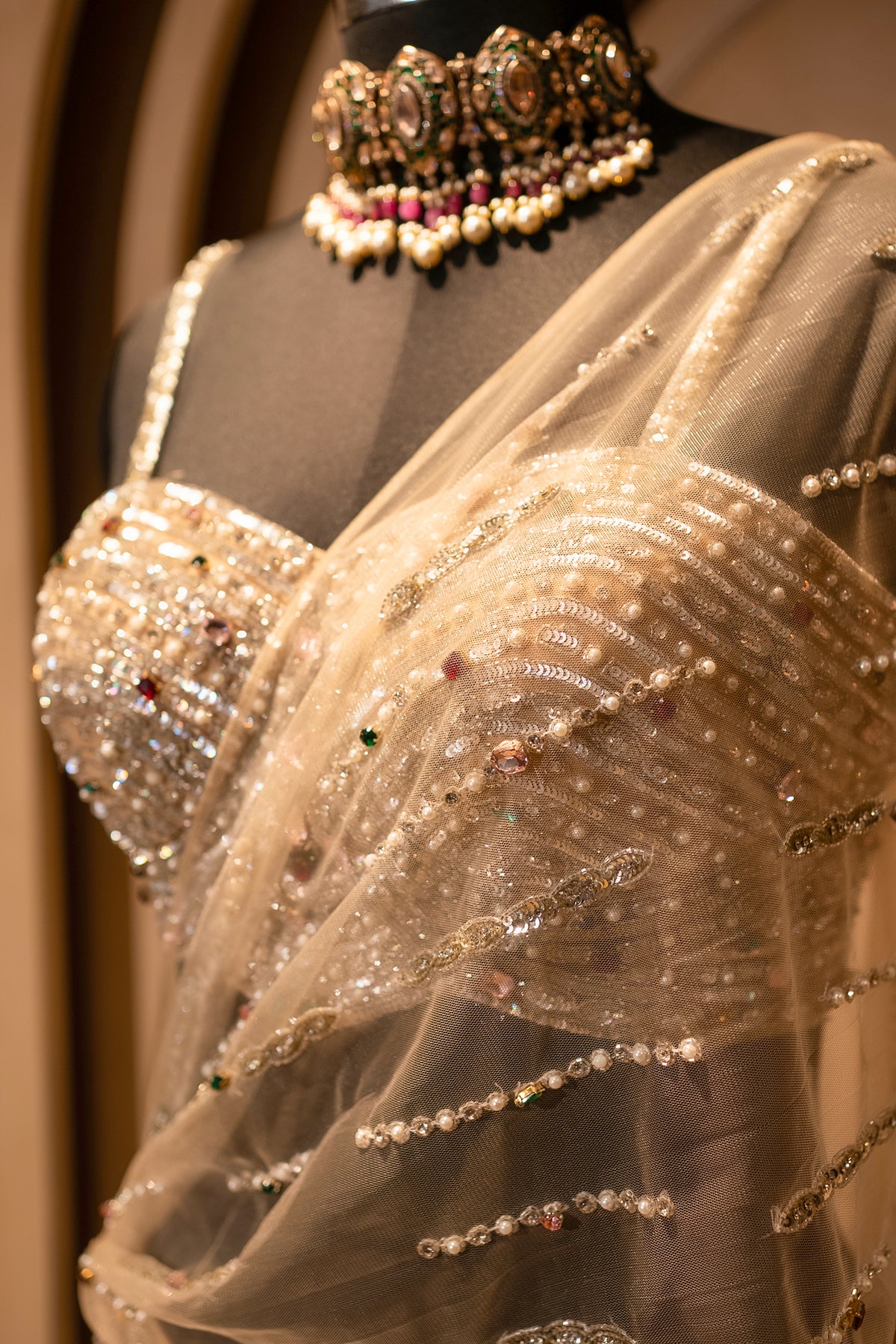Champagne Gold Net Mermaid Lehenga with shimmering sequins and stones
