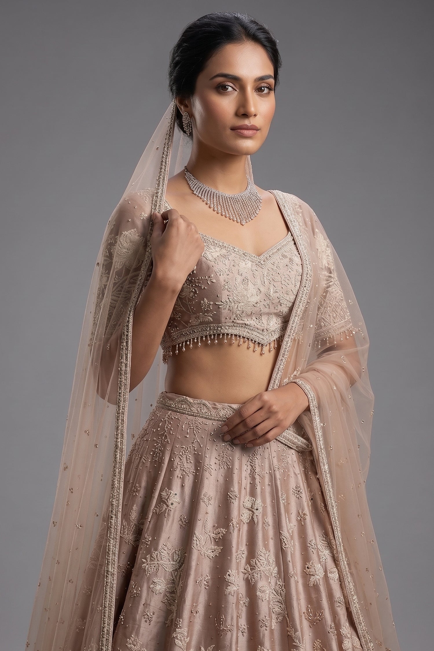 Champagne Brown Silk Couture Lehenga with Architectural Border & Intricate Dori-Mirror Fusion Secondary image