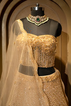 Designer Champagne Gold Net Corset Lehenga for modern brides