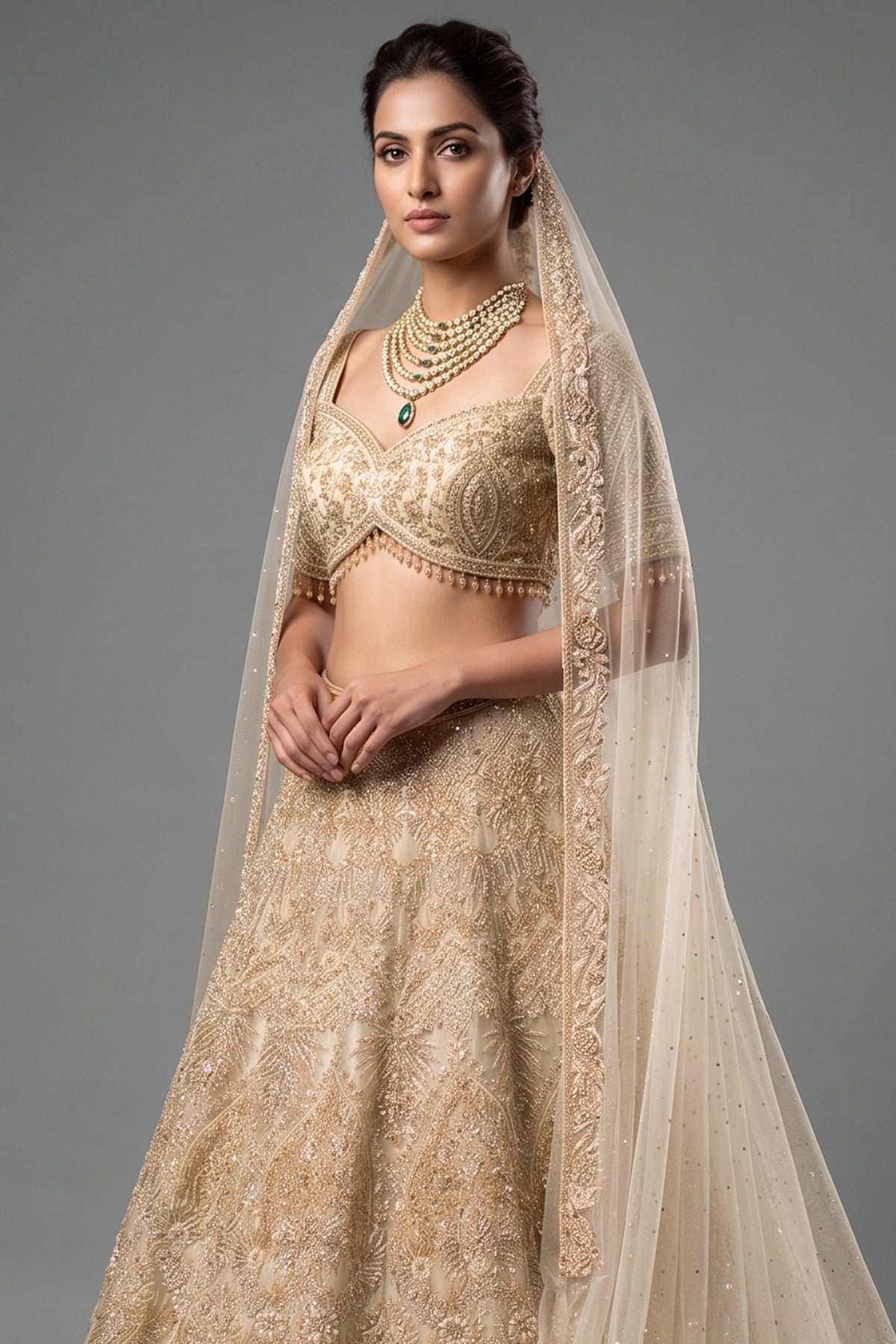 Close-up of cutdana and stone artistry on the Ivory White Silk Bridal Lehenga