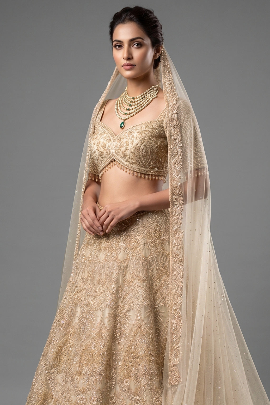Close-up of cutdana and stone artistry on the Ivory White Silk Bridal Lehenga