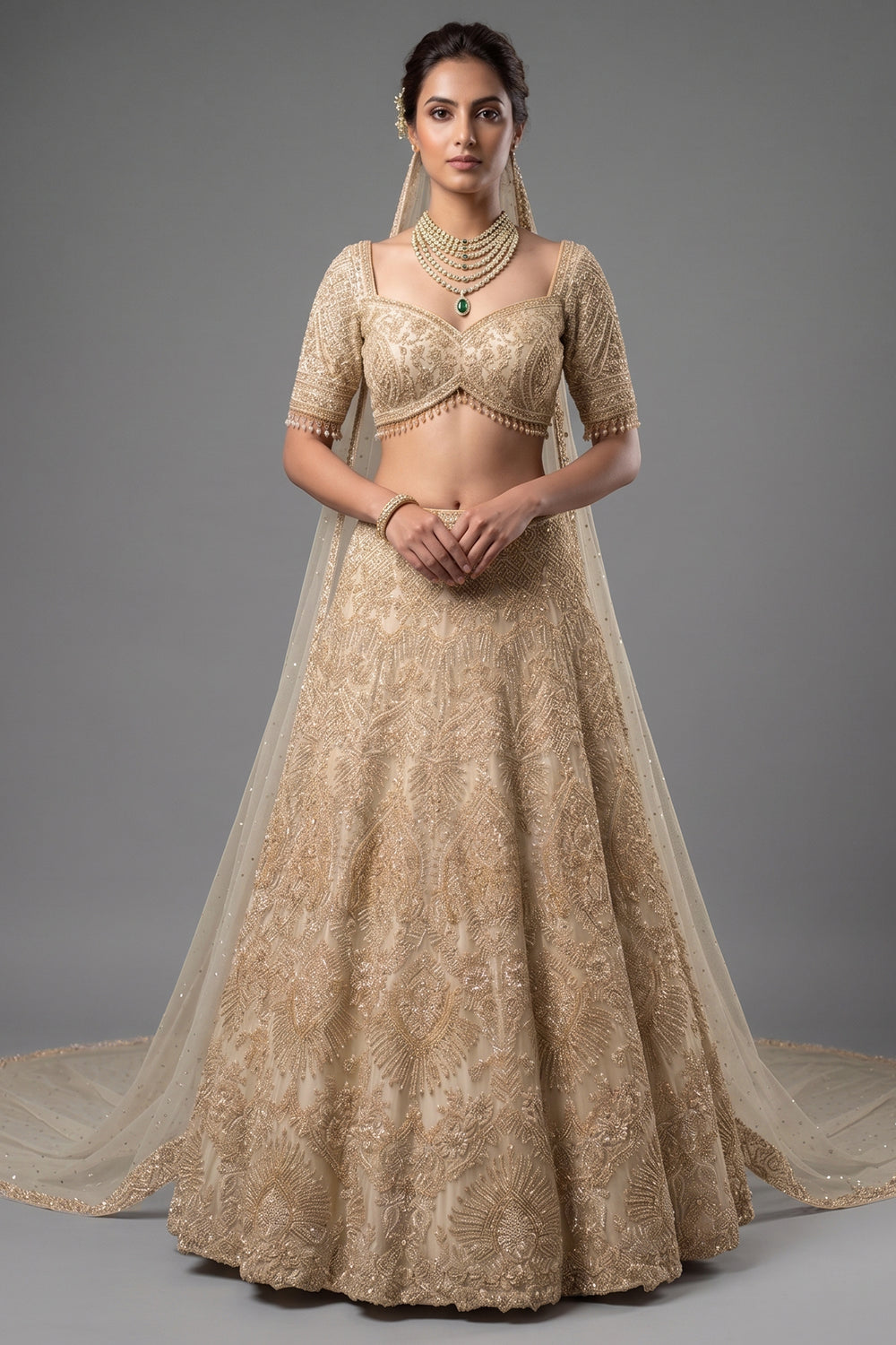 Ivory White Silk Bridal Lehenga - Front View
