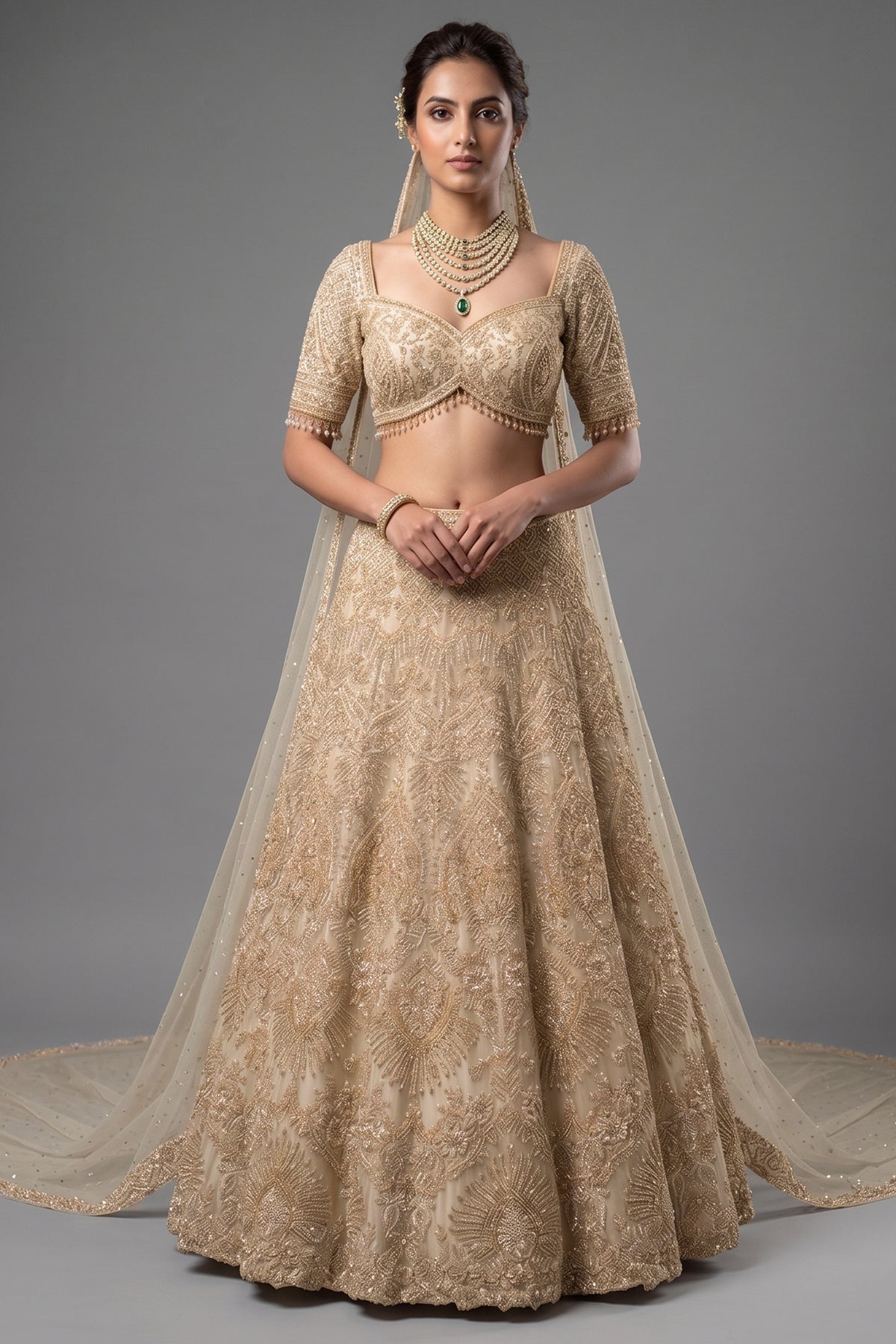 Ivory White Silk Bridal Lehenga - Front View