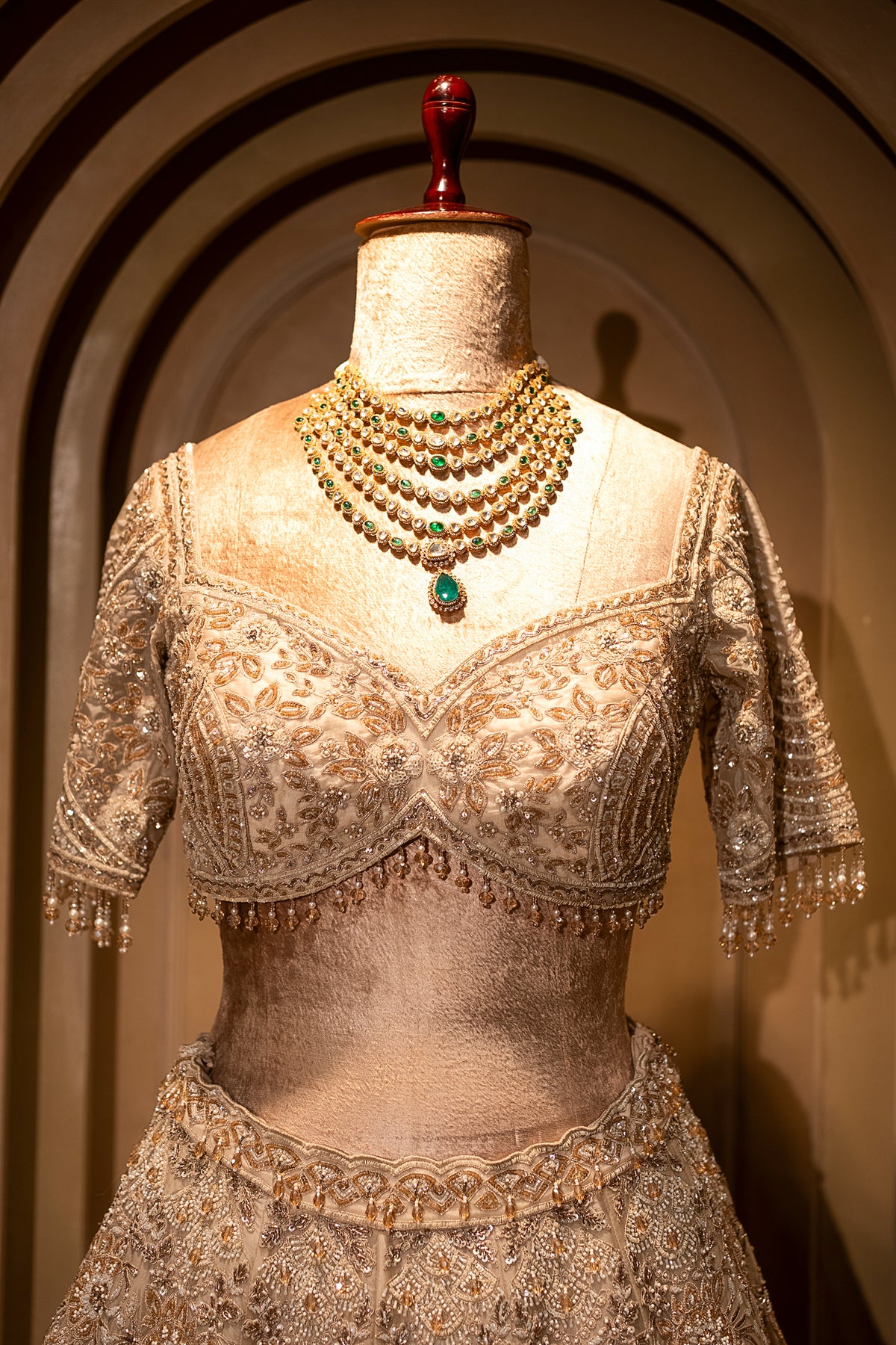Ethereal sheer net dupatta details of the Ivory White Silk Bridal Lehenga