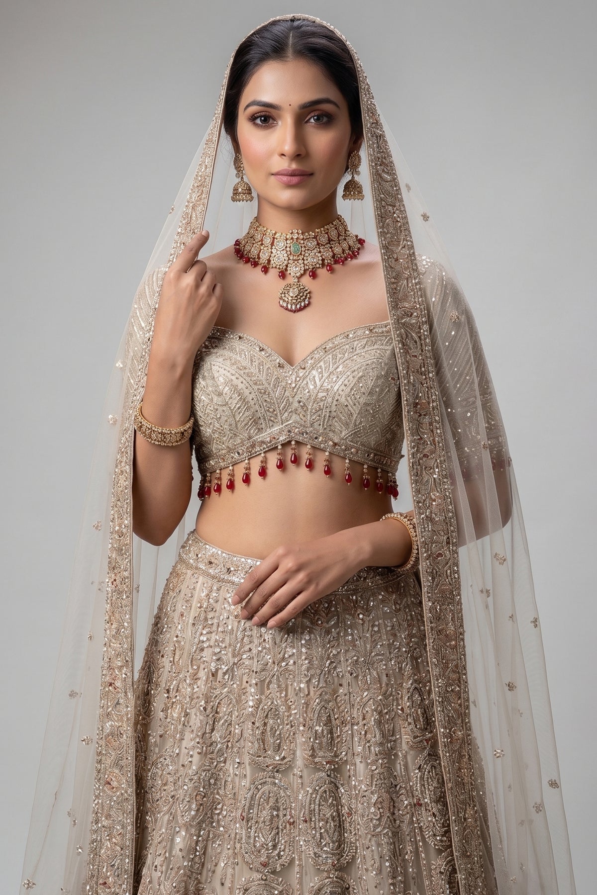Royal Beige Net Bridal Lehenga with Luminescent Stone-Craft and Ethereal White Veil