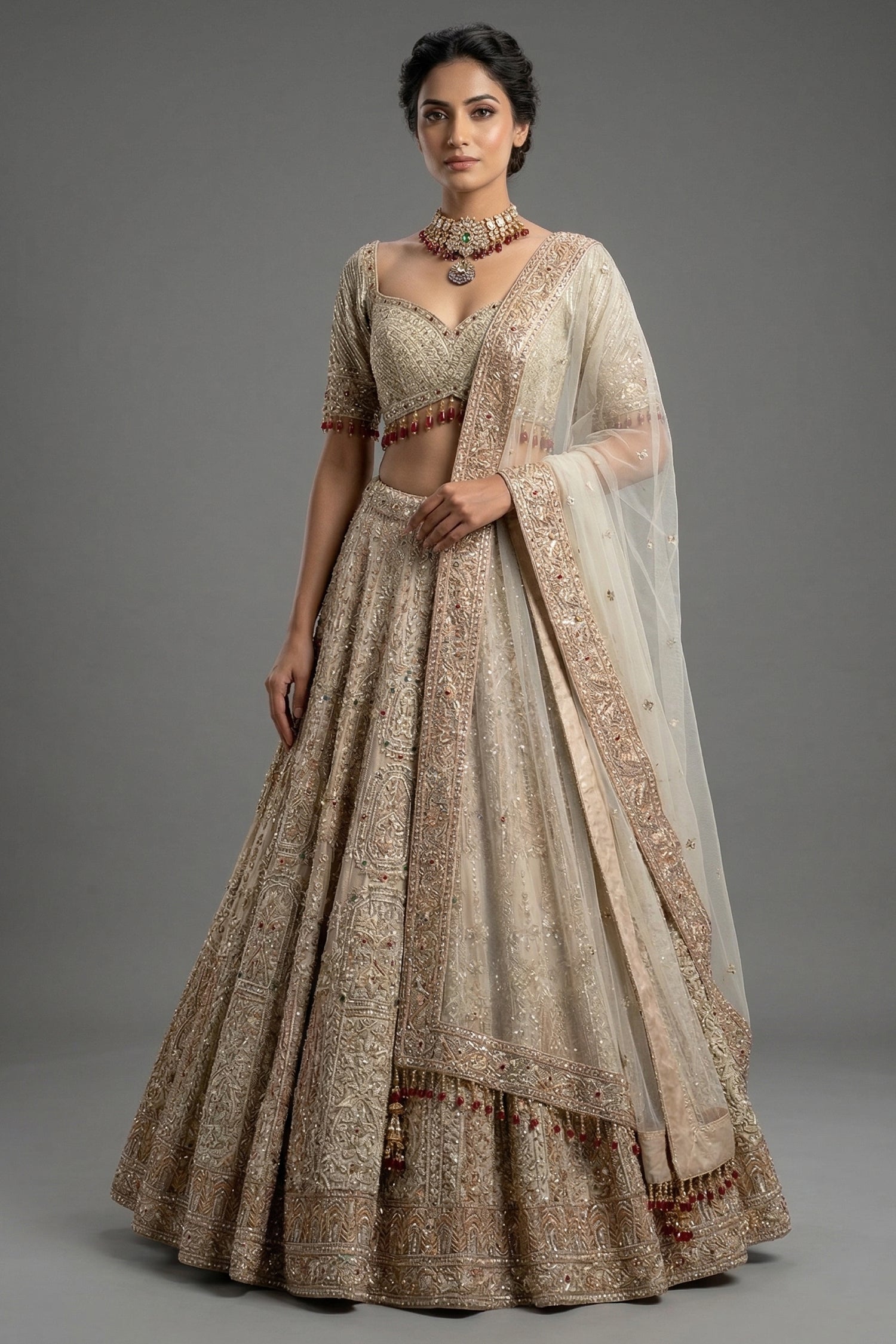 Beige Net Bridal Lehenga - Front View