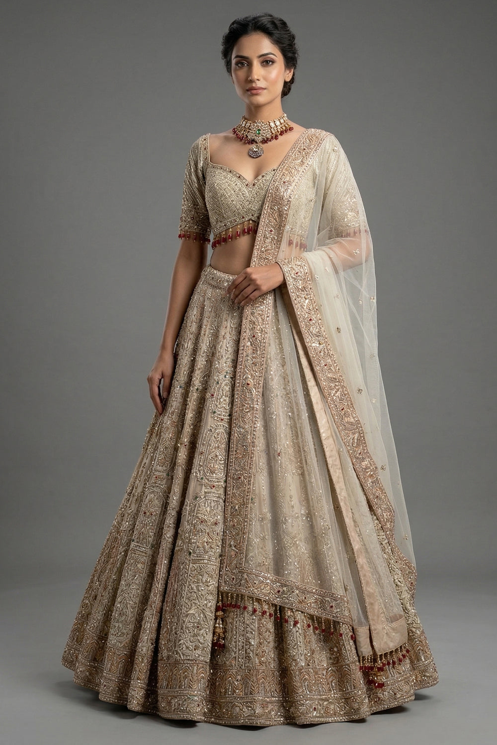 Beige Net Bridal Lehenga - Front View