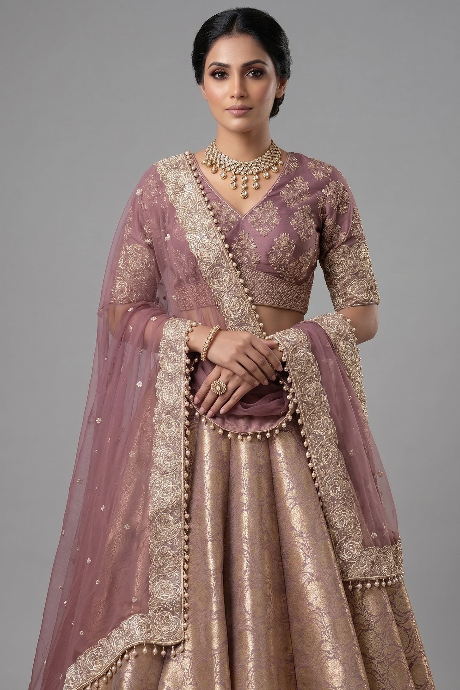 Regal Onion Pink Banarasi Brocade Bridal Lehenga with Hand-Embellished Blouse Secondary image