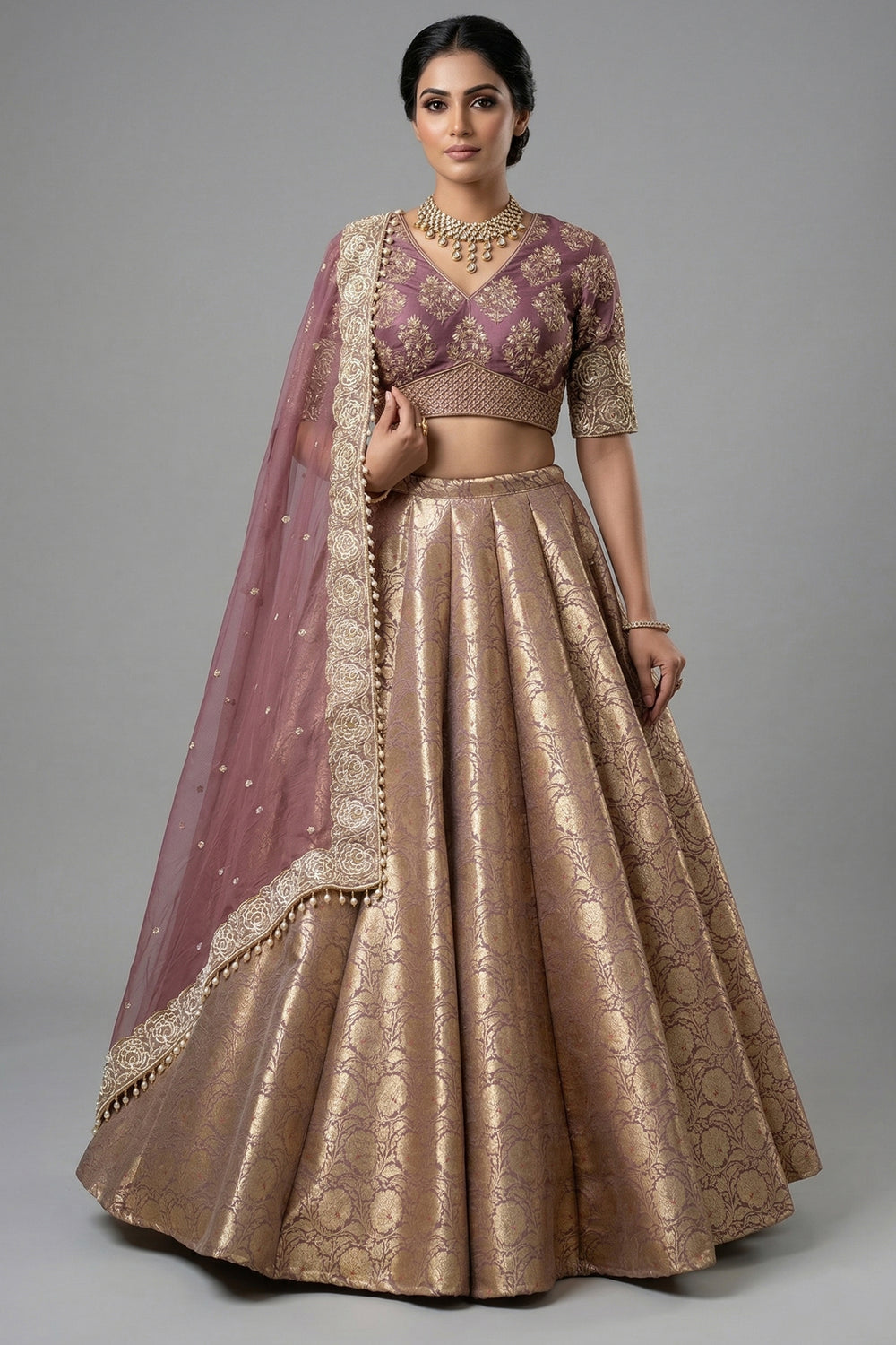 Onion Pink Banarasi Bridal Lehenga - Front View