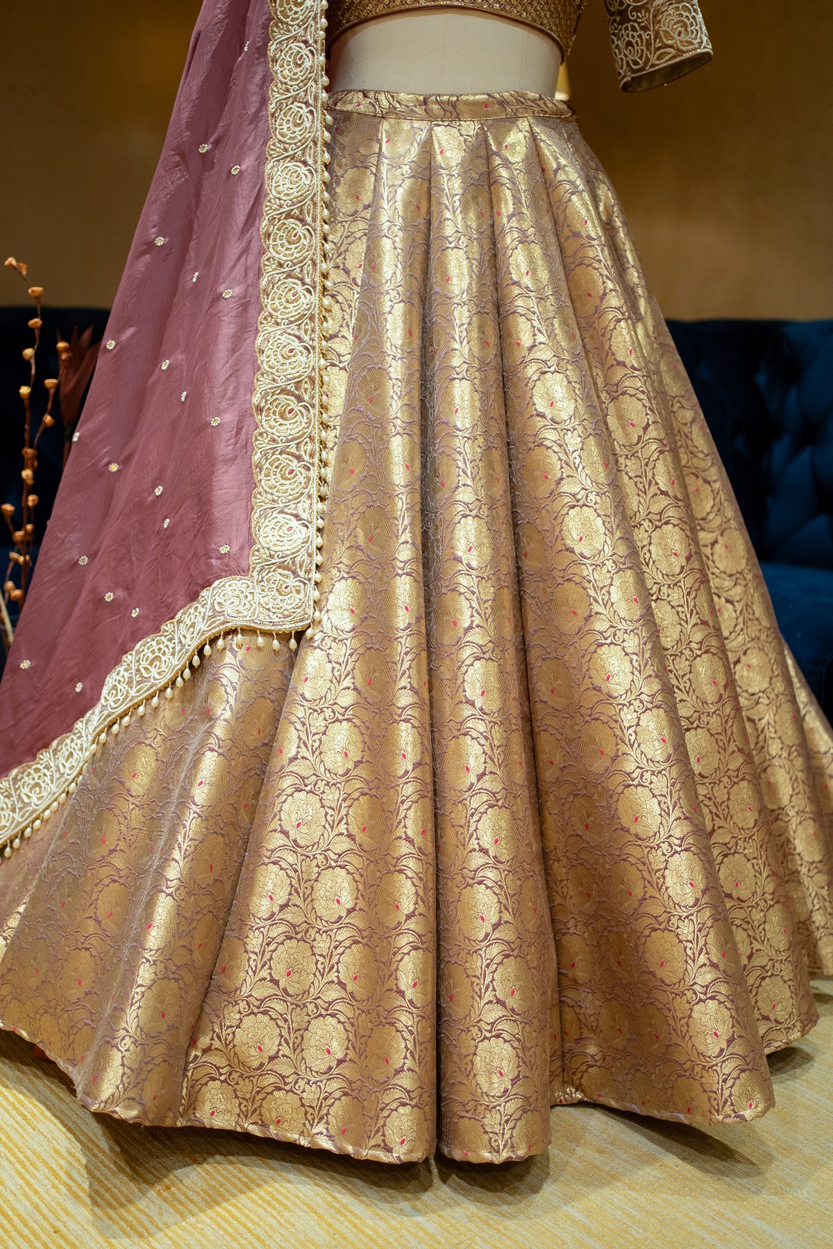 Designer Onion Pink Banarasi Bridal Lehenga with organza dupatta