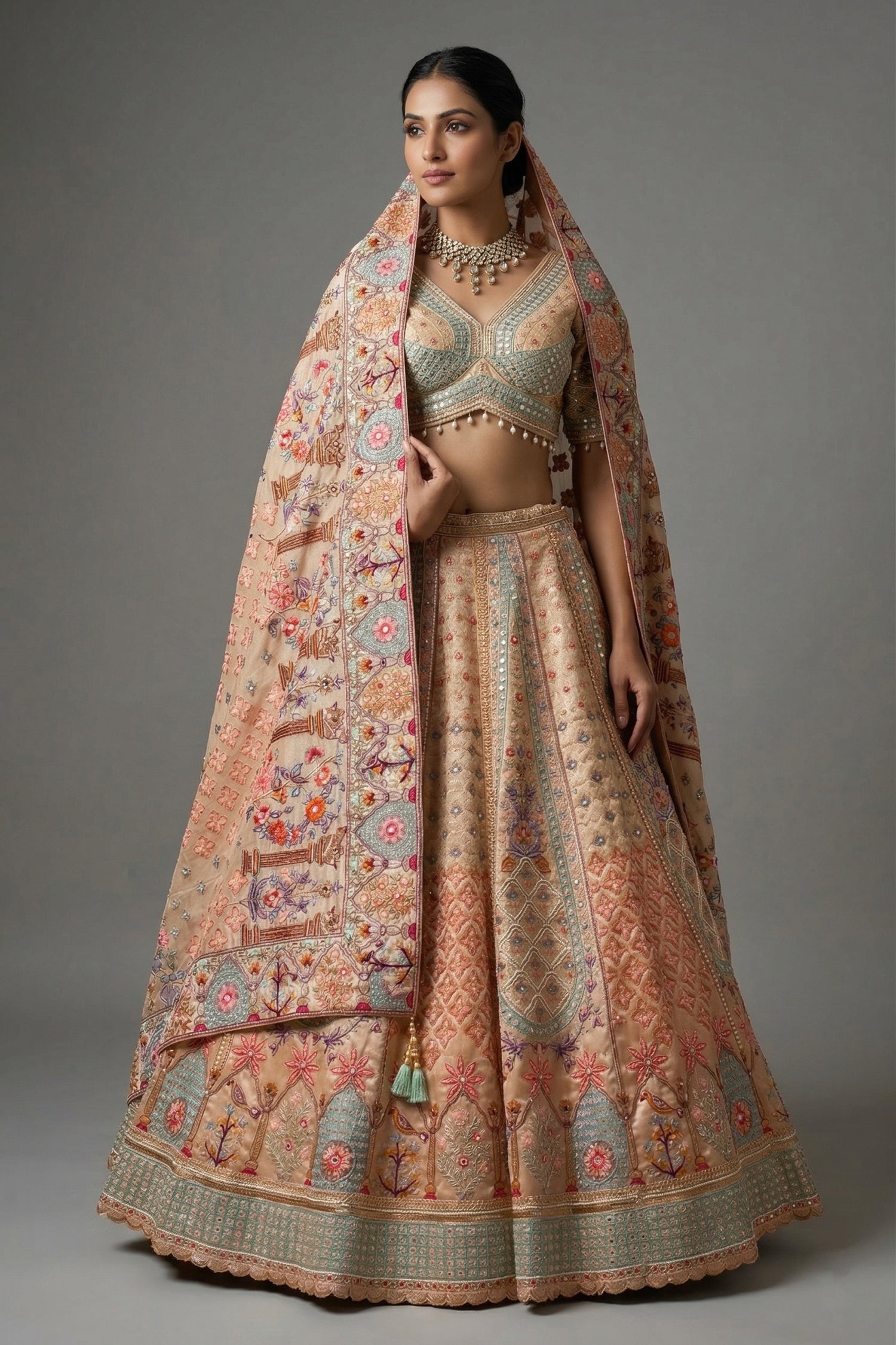 Gilded Floral Tissue Silk Lehenga - Front View Main image